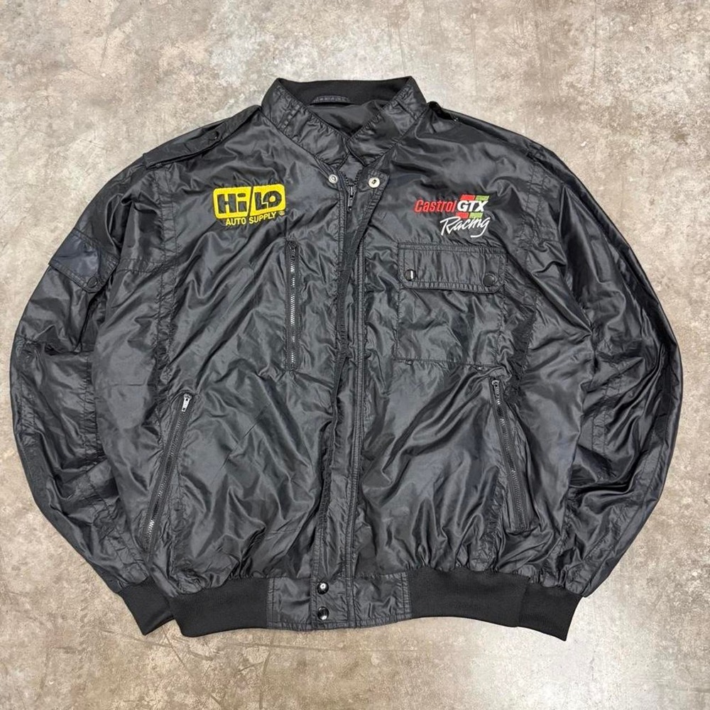 Vintage 90s Castrol GTX Racing Black Bomber Jacket Hi/Lo Auto Supply Mens L
